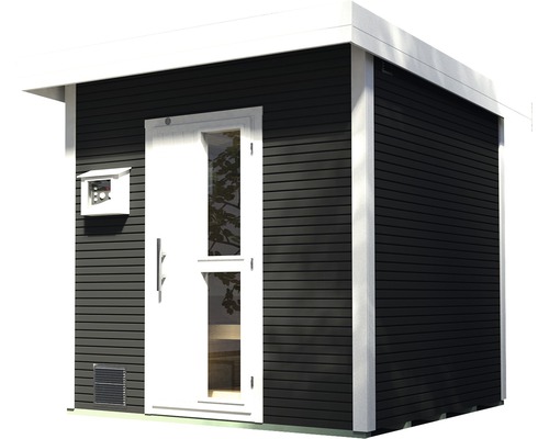 Sauna aus Holz mit Tür, Fenster und Lüftungsgitter