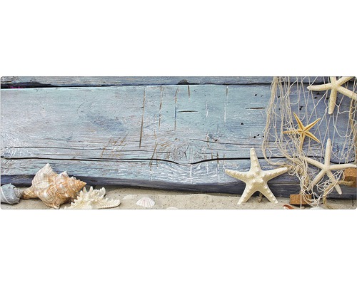 Badrückwand mySPOTTI aqua Seashell 120x45 cm Dekorative Szene mit Holz, Sand, Muscheln, Seesternen und Fischernetz