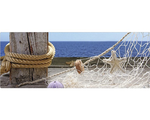 Badrückwand mySPOTTI aqua Sea view 120x45 cm Dekoratives Strandmotiv mit Seestern und Fischernetz