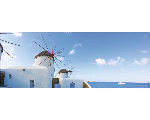 Badrückwand mySPOTTI aqua Greece 120x45 cm Panorama mit Windmühlen, weißen Gebäuden und Meerblick