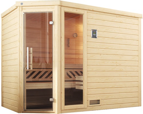 Holzsauna mit Glastür und digitaler Steuerung