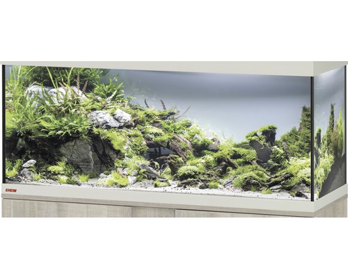 Aquarium, Glasbecken EHEIM GB 123 vivalineLED 240, ca. 121 x 41 x 54 cm, ca. 240 l, nur mit oberer Blende eiche grau, ohne Beleuchtung und weitere Technik, ohne Inhalt Eingerichtetes Aquarium mit Pflanzen, Steinen und Wurzelholz