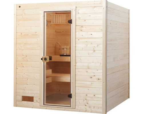 Holzsauna mit Glastür und Inneneinrichtung