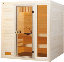 Sauna mit Glastür und Holzbänken