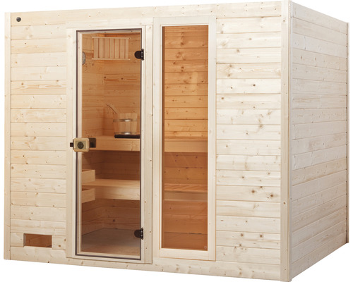Holzsauna mit Glastür und Innenausstattung