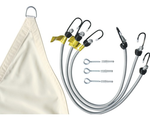 Dreieckiges Sonnensegel mit Spannseilen und Ösenschrauben zur Befestigung