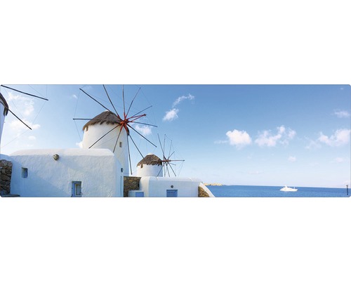 Badrückwand mySPOTTI aqua Greece 140x45 cm Panorama mit Windmühlen an der Küste