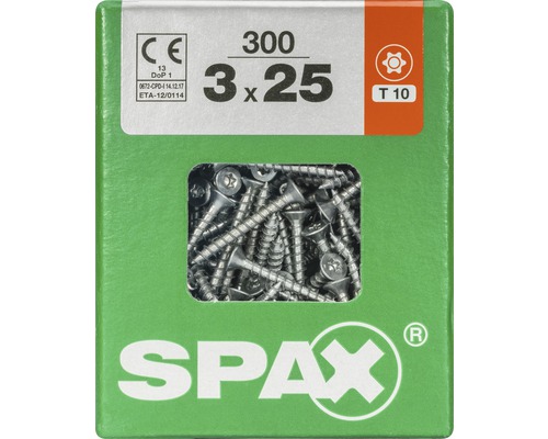 Packung mit 300 Spax Senkkopfschrauben 3 x 25 Millimeter mit T10 Torx Antrieb