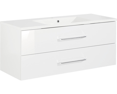 Badmöbel-Set FACKELMANN B.clever 120 cm mit Waschtisch weiß Weißer Waschtischunterschrank mit zwei Schubladen und Aufsatzwaschbecken
