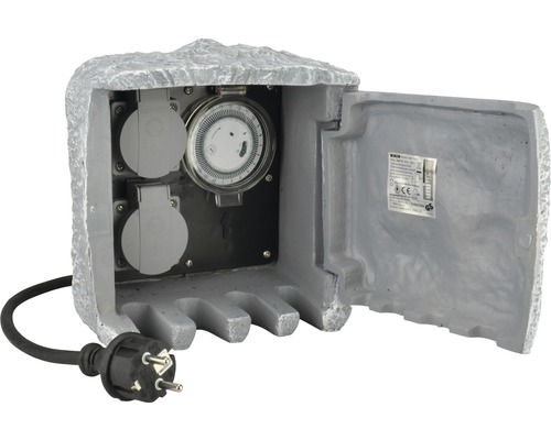 Gartensteckdose quadrat Steinoptik 2-fach mit Zeitschaltuhr grau Steckdosenstein Gartensteckdose im Steindesign mit Zeitschaltuhr und zwei Steckdosen