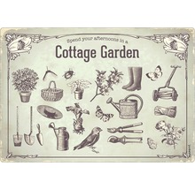 Illustration eines Cottage Gartens mit Gartenwerkzeugen und Pflanzen
