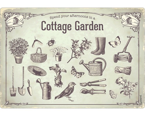 Küchenrückwand mySPOTTI pop Cottage Garden 59x41 cm Illustration eines Cottage Gartens mit Gartenwerkzeugen und Pflanzen