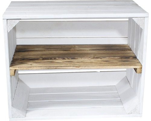 Weisse Holzkiste mit Zwischenboden als Regaleinsatz
