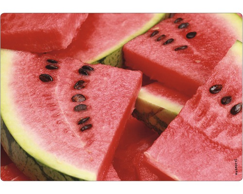 Küchenrückwand mySPOTTI pop Watermelon 59x41 cm Nahaufnahme von Wassermelonenscheiben mit Kernen