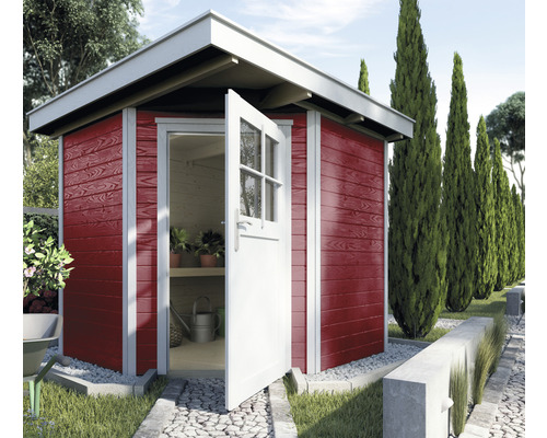 Blockbohlen-Eckhaus weka 229 mit Fußboden 244 x 244 cm schwedenrot Holzgartenhaus mit offener Tür im Garten
