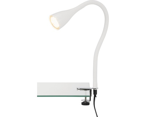 Weiße Klemmleuchte mit flexiblem Arm an einer Tischplatte