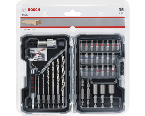 Bosch Logo. 35-teiliges Bohrer- und Bit-Set für Holz in Kunststoffbox.