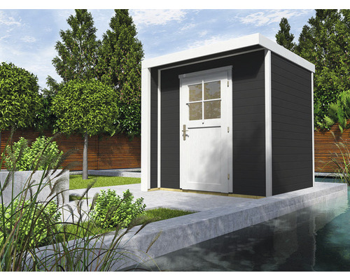 Gartenhaus weka Designhaus 262 mit Fußboden 213 x 216 cm anthrazit Gartenhaus aus Holz mit Tür in einem Garten