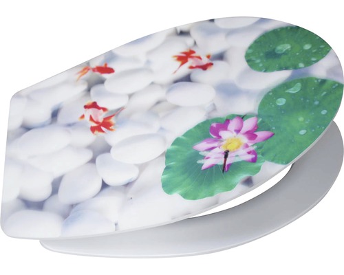 Toilettendeckel mit Motiv aus Steinen, Goldfischen und Seerose