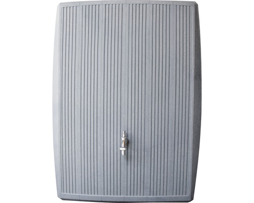 Grauer Regenwassertank mit Wasserhahn