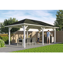 Überdachter Grillplatz mit Tisch und Grill unter einem Pavillon im Garten