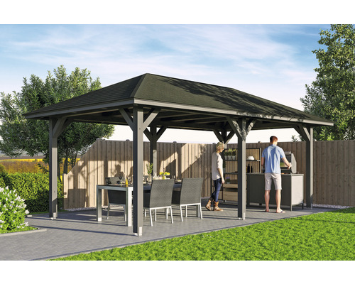 Pavillon SKAN HOLZ Orleans 374 x 656 cm schiefergrau Pavillon mit Tisch und Grillplatz im Garten