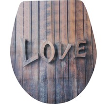 WC-Sitz mit Holzdesign und dem Wort Liebe.