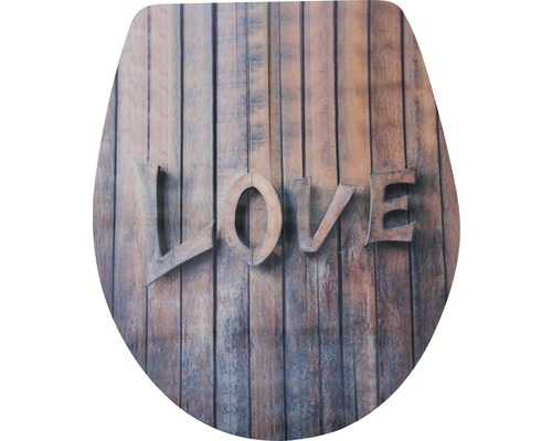 WC-Sitz mit Holzdesign und dem Wort Liebe.