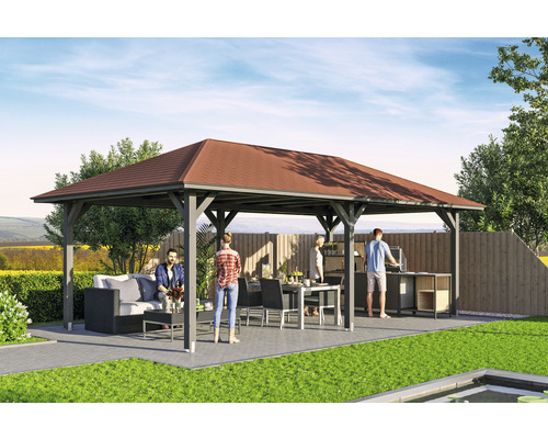 Pavillon SKAN HOLZ Orleans 439 x 786 cm schiefergrau Szene im Garten mit Pavillon, Sitzgruppe, Esstisch und Grill