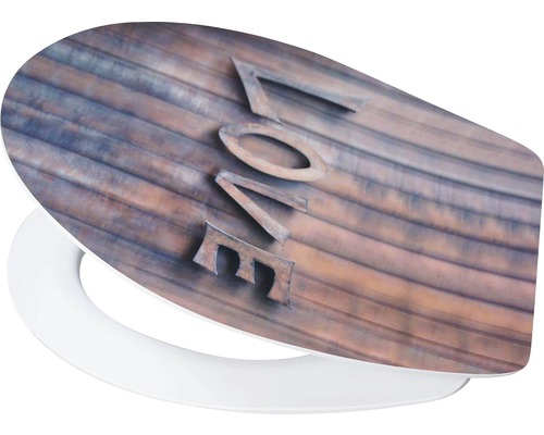 Toilettendeckel mit Holzoptik und dem Wort Liebe