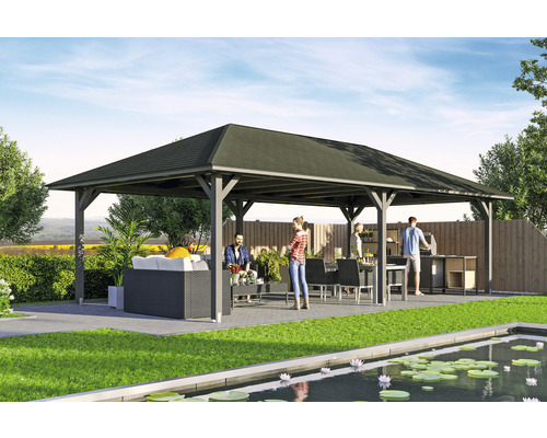 Pavillon SKAN HOLZ Orleans 504 x 916 cm schiefergrau Holzpavillon mit Möbeln im Garten