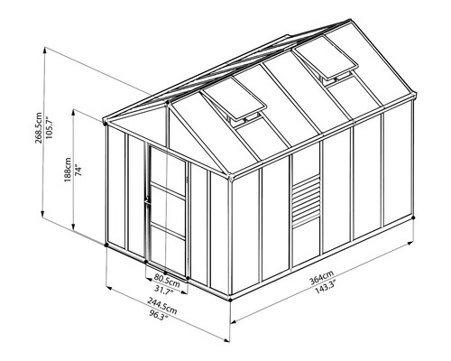 Skizze eines Gewächshauses mit Maßangaben