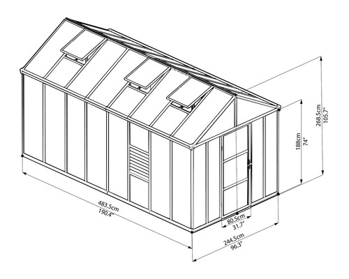 Technische Zeichnung eines Gewächshauses mit Maßangaben.