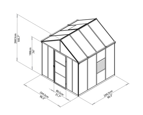 Abbildung eines Gewächshauses mit Maßangaben