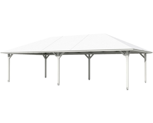 Freistehende weiße Holzüberdachung mit Satteldach.