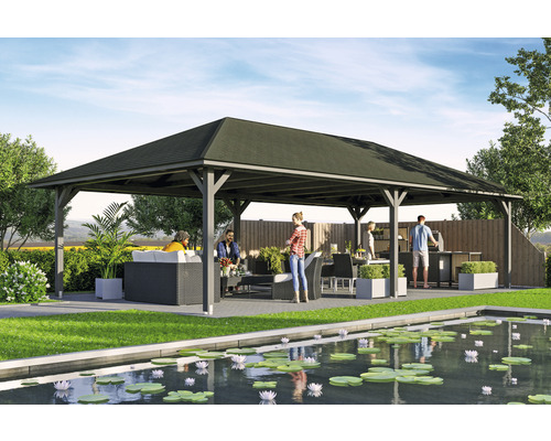Pavillon SKAN HOLZ Orleans 4 569 x 1046 cm schiefergrau Gartenszene mit Pavillon, Sitzgruppe, Grill und Teichanlage