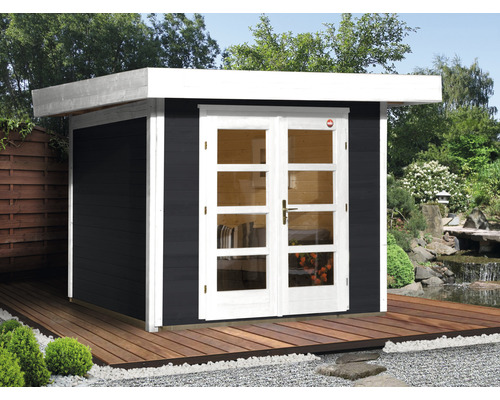 Gartenhaus weka Designhaus 126 Gr.1 mit Fußboden 356 x 284 cm anthrazit Gartenhaus mit Doppeltür und Flachdach auf Holzterrasse