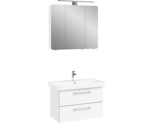 Waschbeckenunterschrank mit Waschbecken und Spiegelschrank mit Beleuchtung für das Badezimmer