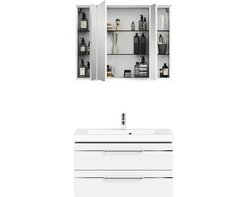 Weißer Waschtischunterschrank mit Waschbecken und Spiegelschrank zur Badeinrichtung