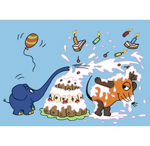 Illustration einer Party mit Elefant, Maus, Kuchen, Kerzen und Luftballon