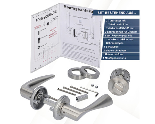 Edelstahl Türbeschlag Set mit zwei Türgriffen, Vierkantstift, Schraubringen, WC Rosettenpaar, Schrauben, Madenschrauben, Bohrschablone und Montageanleitung