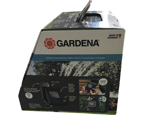 Verpackung einer Gardena Bewässerungssteuerung mit Safe Stop Technologie