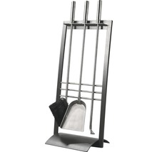 Kaminbesteck mit Halterung, bestehend aus Schaufel, Besen und Schürhaken
