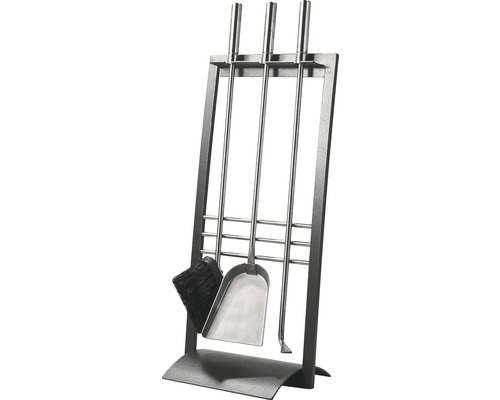 Kaminbesteck mit Halterung, bestehend aus Schaufel, Besen und Schürhaken