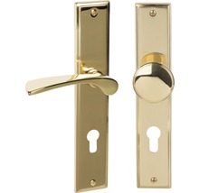 Langschildgarnitur Nelson messing/poliert PZ mit Knopf + Drücker für Wohnungseingangstür rechts