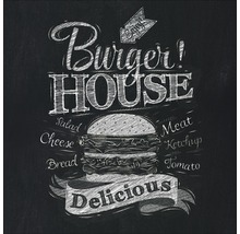 Burger House Tafelbild mit Burgerillustration und Zutatenangaben