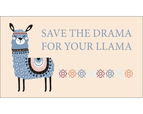 Grafik mit der Aufschrift ''Save the Drama for your Llama'' und stilisierter Lama-Darstellung
