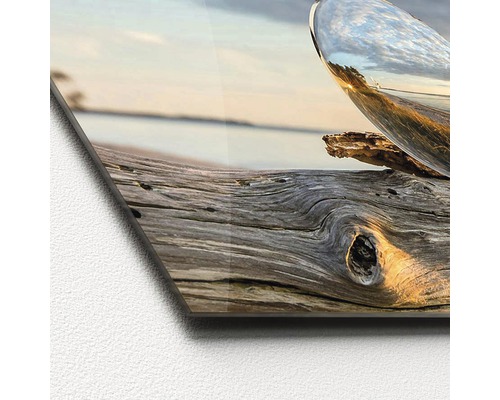 Glasbild mit einer Fotografie von einem Baumstamm und einer reflektierenden Kugel