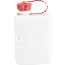 Weiße Wasserflasche mit rotem Deckel für den Campingbedarf.