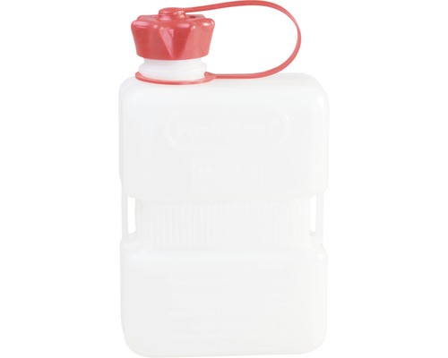 Weiße Wasserflasche mit rotem Deckel für den Campingbedarf.
